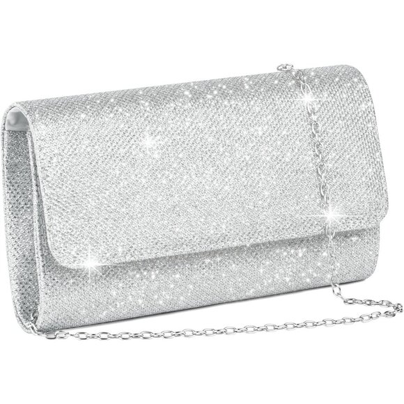Shiny Silver Clutch Purse for Women, Evening Shoulder Bag for Wedding & Party - Picture 8 of 9
